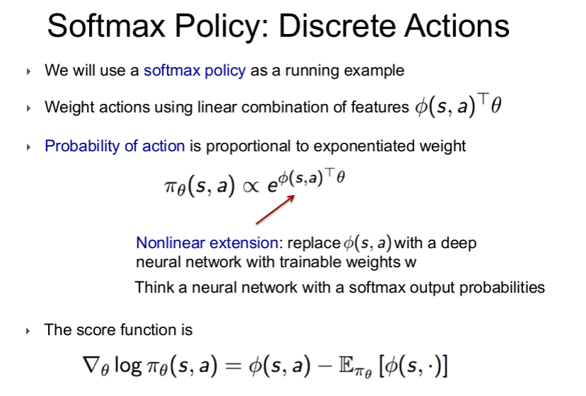 Softmax policy for discrete actions
